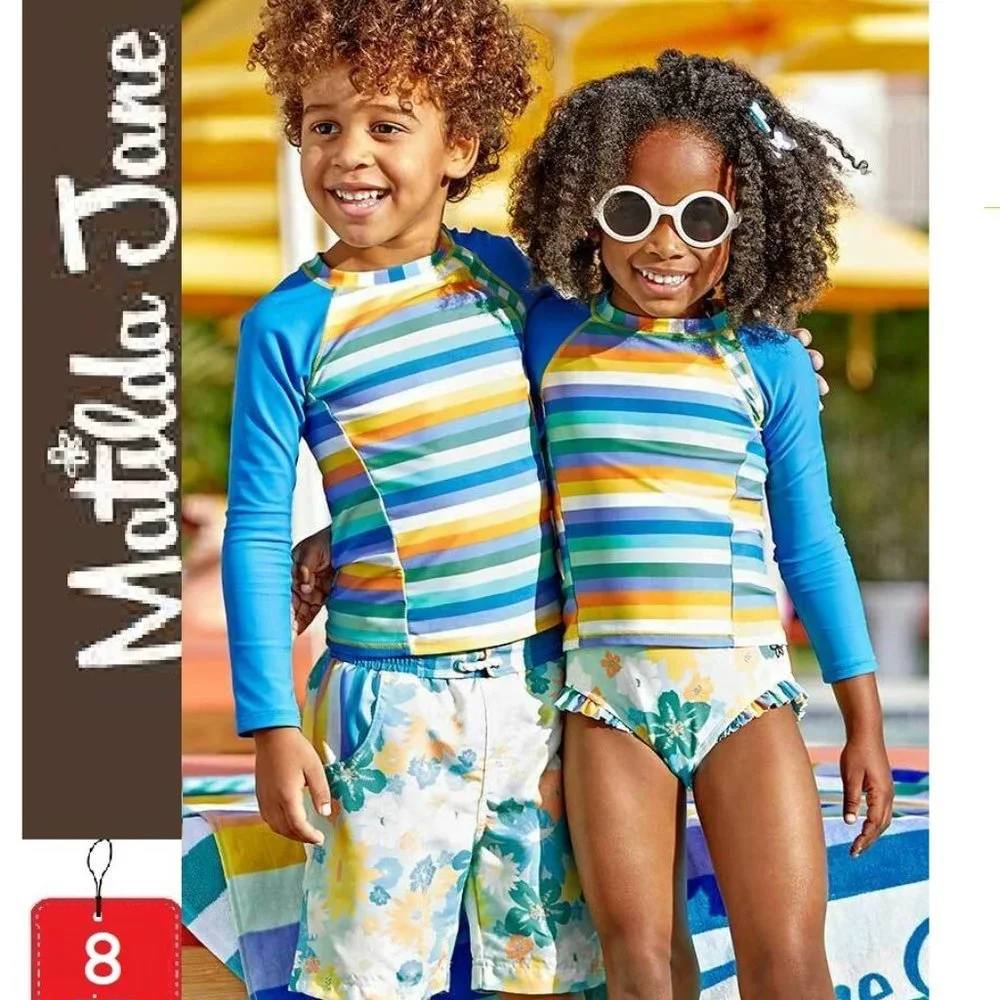 ⭐️ 5/$30- Matilda Jane Rashguard, Size 8, unisex, blue orange stripes